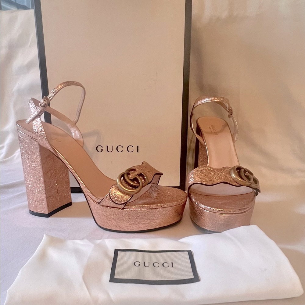 Gucci Leather Marmont Sandals Heels Platforms Gold 39